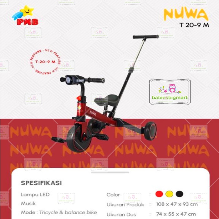 Sepeda Roda Tiga PMB 20 9M Balence Bike Tricycle Push 3IN1 Anak Musik Lampu Dorongan