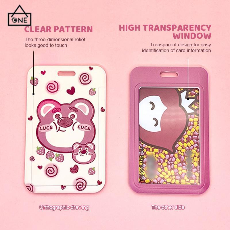 COD❤️Strawberry Bear Slid Cover Plastik Kartun Set Kartu Mahasiswa Kampus Kartu Tali Panjang Pelindung-A.one