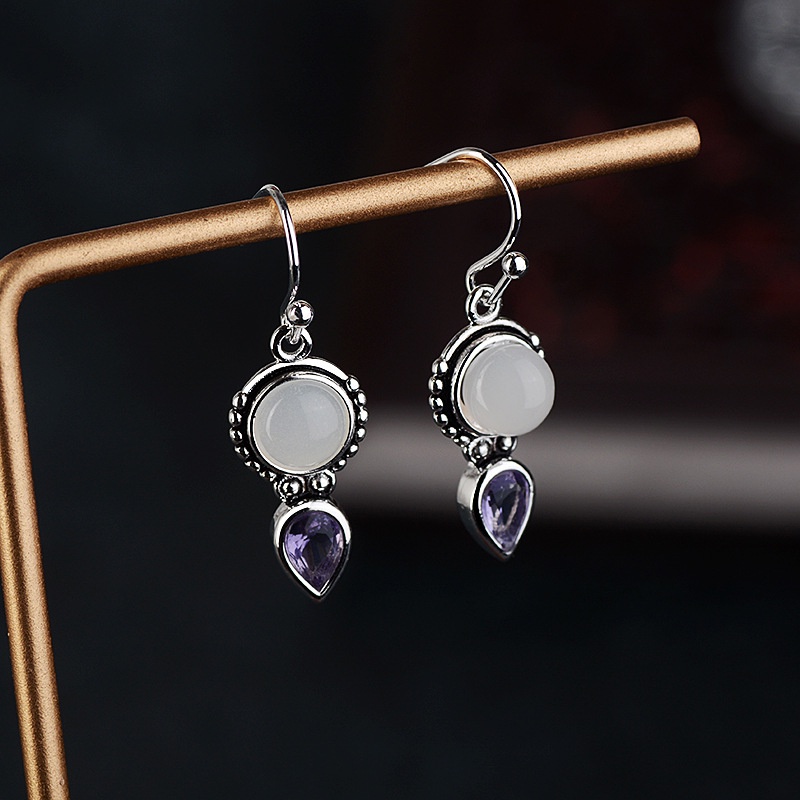 Goldkingdom Aksesoris Perhiasan Fashion Ready Stock Vintage Perak Thai Moonstone Earrings Drop Pear-Berbentuk Amethyst