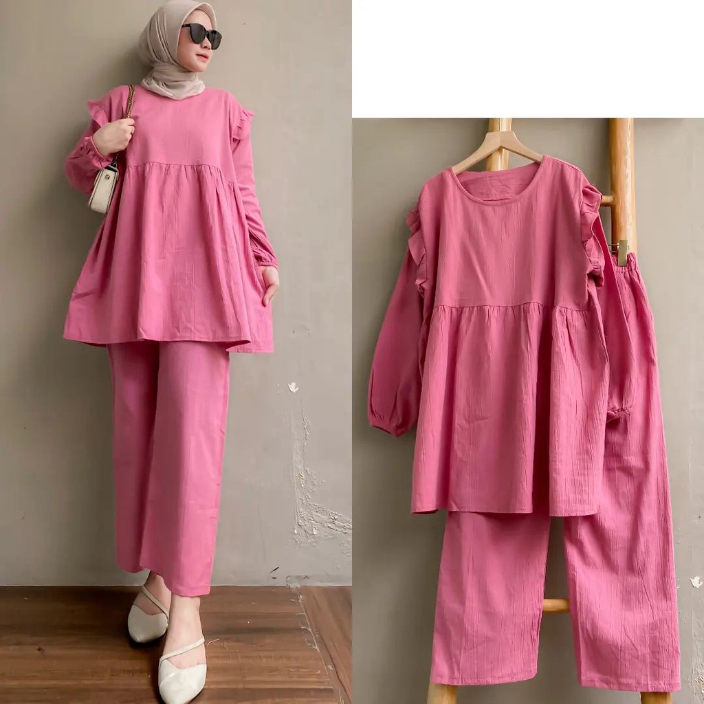 GAMIS STORE | Daiva One Set Wanita l Setelan Fit To XL Besar Cringkle Airflow Polos Basic OOTD Stelan Muslim