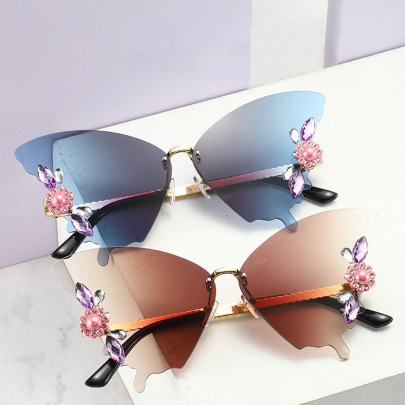 (YUZHU) Western Fashion Butterfly Rimless Sunglasses Kacamata Hitam Gradasi Berlian Untuk Wanita