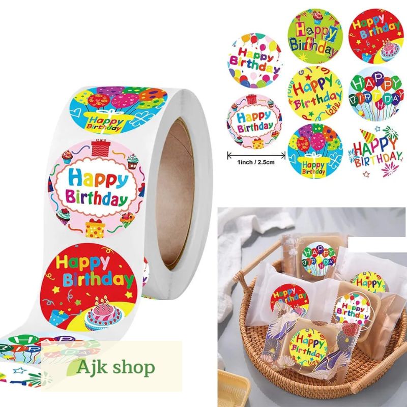 Sticker Label Ulang Tahun 1 Roll 500Pcs Sticker Happy Birthday Motif Cantik Serbaguna