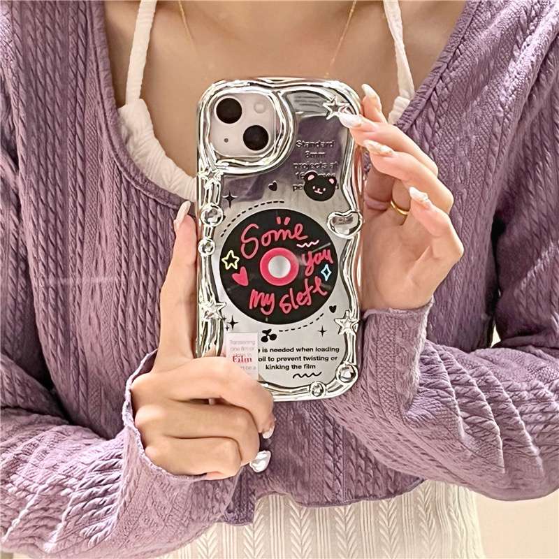 Cream Star Love Mirror Soft CaseiPhone 7 8 Plus IPhone X XS XR Max 11 12 13 14 Pro Max 14 Plus Girl Woman Fashion Tulip Flower Tape CD Record Cute Pretty Case Make Up Casing HP iPhone 12 Pro Max