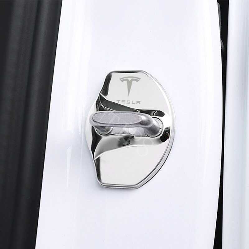 Tesla 4Pcs/set Stainless Penutup Kunci Pintu Mobil Perlindungan Stiker Emblem Logam Decal Untuk Model3