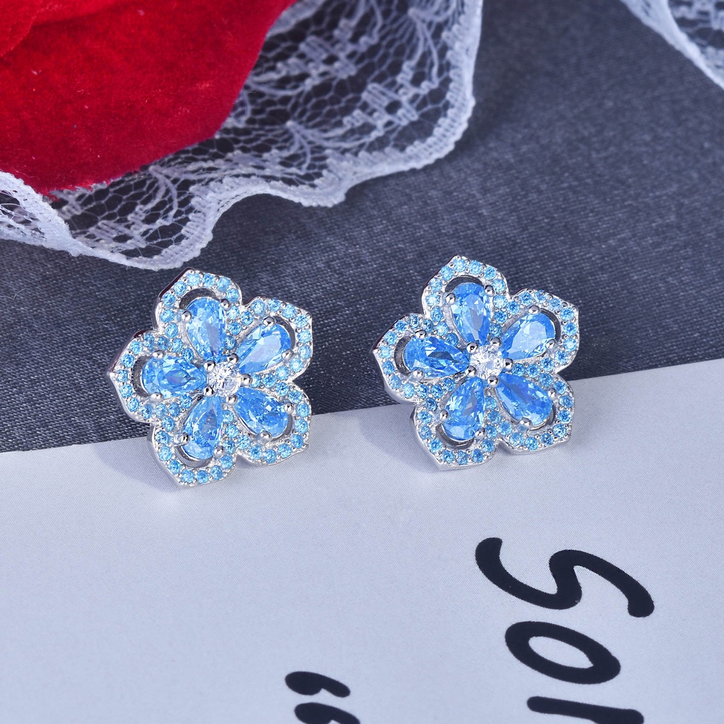 Goldkingdom Aksesoris Perhiasan Fashion Ready Stock Lima Kelopak Anting Bunga Bertatahkan Dengan Teknologi Berlian Biru Laut Berlian Anting Perak Untuk Wanita
