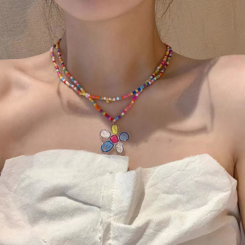 Roselife Korea Musim Panas Vintage Double Layer Warna-Warni Manik-Manik Rantai Kupu-Kupu Bunga Matahari Liontin Kalung Untuk Wanita Gadis Fashion Rainbow Butterfly Floral Necklaces Liburan Perhiasan