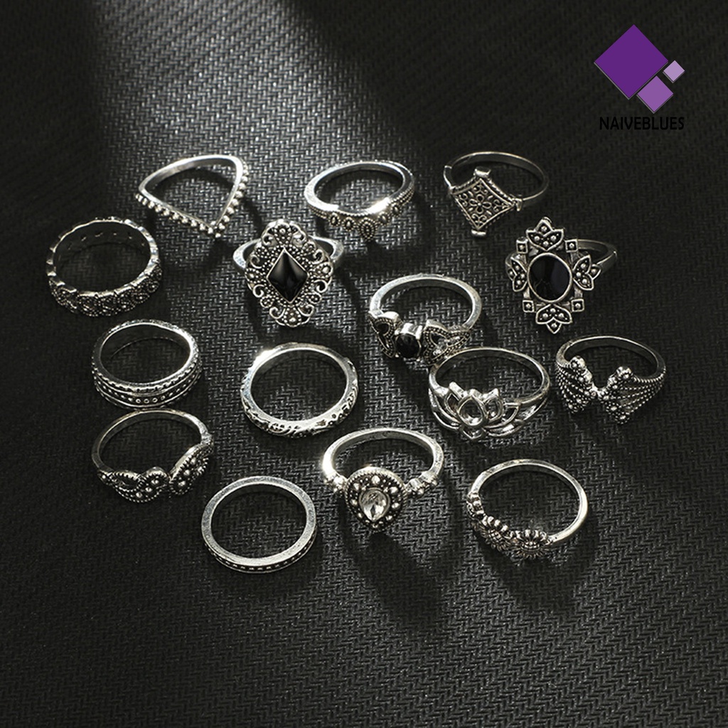 &lt; Naiveblues &gt; 15Pcs Cincin Wanita Gaya Bohemian Hias Berlian Imitasi Tidak Luntur Perhiasan Ring Untuk Kehidupan