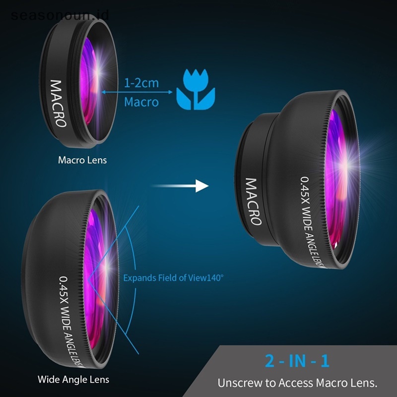 Seasonoun 2in1 Lensa 0.45X Wide Angle+Lensa Macro 12.5X Lensa Kamera Hp HD Profesional.