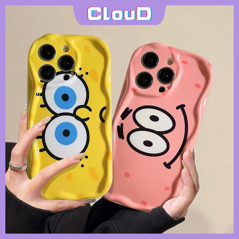 IPHONE Casing Kartun SpongeBob Kompatibel Untuk Iphone11 14 12 13 Pro Max X XR 6 7 6s 8 Plus XS Max SE 2020 3D Wavy Curved Edge Shockproof Glossy Lucu Patrick Star Tpu Soft Cover