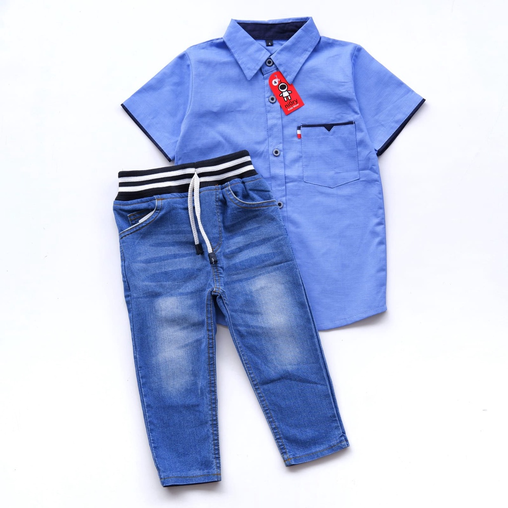 Setelan Set  Kemeja Hem Anak Laki Atasan Kemeja Pendek Bawahan Celana Panjang Jeans Anak