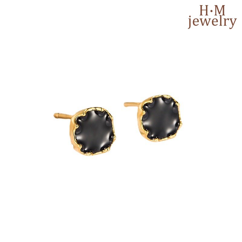 S925 Perak Sederhana Geometris Square Ear Studs Anting Hitam Bermutu Tinggi