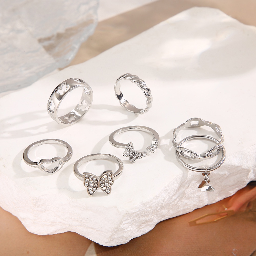 7pcs/set Cincin Berlian Untuk Wanita Berongga Zirkon Kupu-Kupu Hati Twist Rings Aksesoris Perhiasan