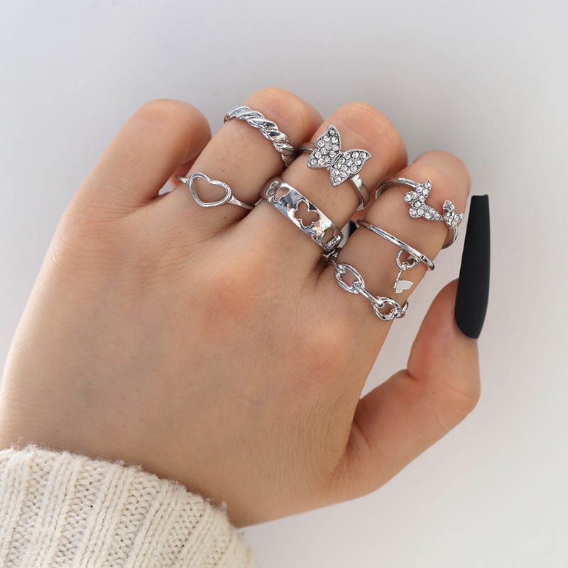 7pc/set Cincin Kupu-Kupu Zirkon Berongga Korea Busur Perak Rings Untuk Wanita Fashion Perhiasan Aksesoris