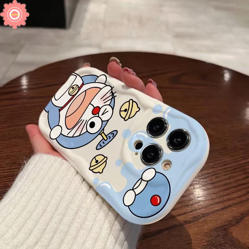 IPHONE Case Doraemon Kartun Lucu Kompatibel Untuk Iphone7 8 Plus XR 11 14 12 13 Pro Max 6s 6x XS Max SE 2020 Pasangan 3D Wavy Curved Edge Soft Cover