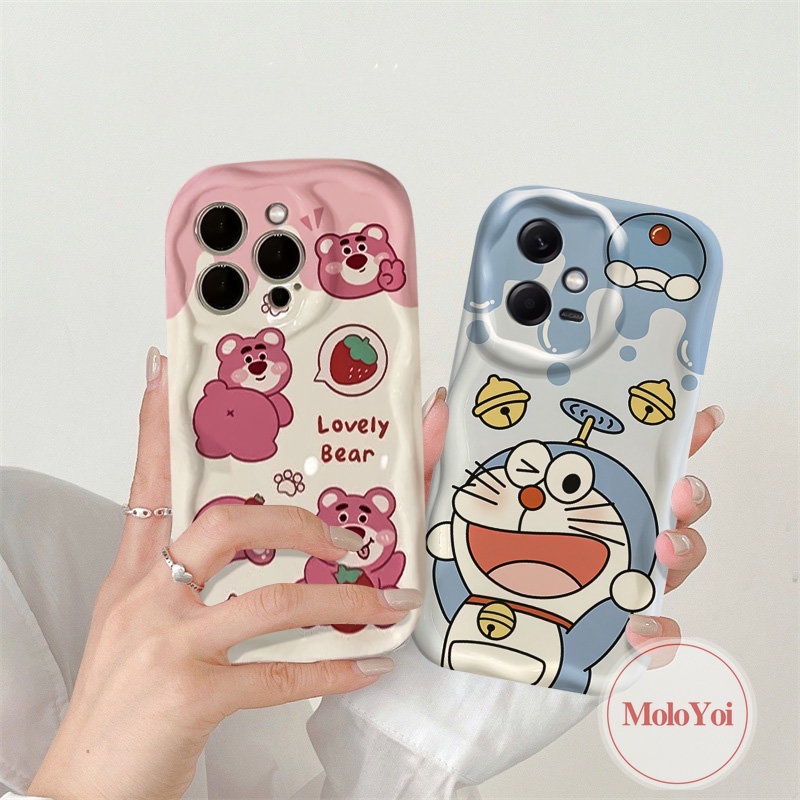 IPHONE Lovely Couple 3D Wavy Curved Edge Phone Case Kompatibel Untuk Iphone6 8 6s 7plus XR X XS Max 11 13 12 14 Pro SE 2020 Lucu Doraemon Kartun Strawberry Bear Manyo Tpu Soft Cover