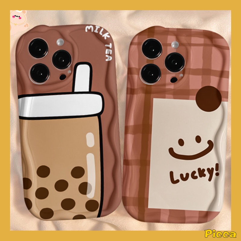 Casing Untuk Oppo A95 A57 A74 A17 A77 A1k A92 A53 A3s A15 A16 A96 A17k A54s A9 A5 A5s A31 A16s A52 A77s A76 A16K A16E Kartun Teh Susu Lucky Lattice Smiley 3D Bergelombang Lengkung Penutup Tepi