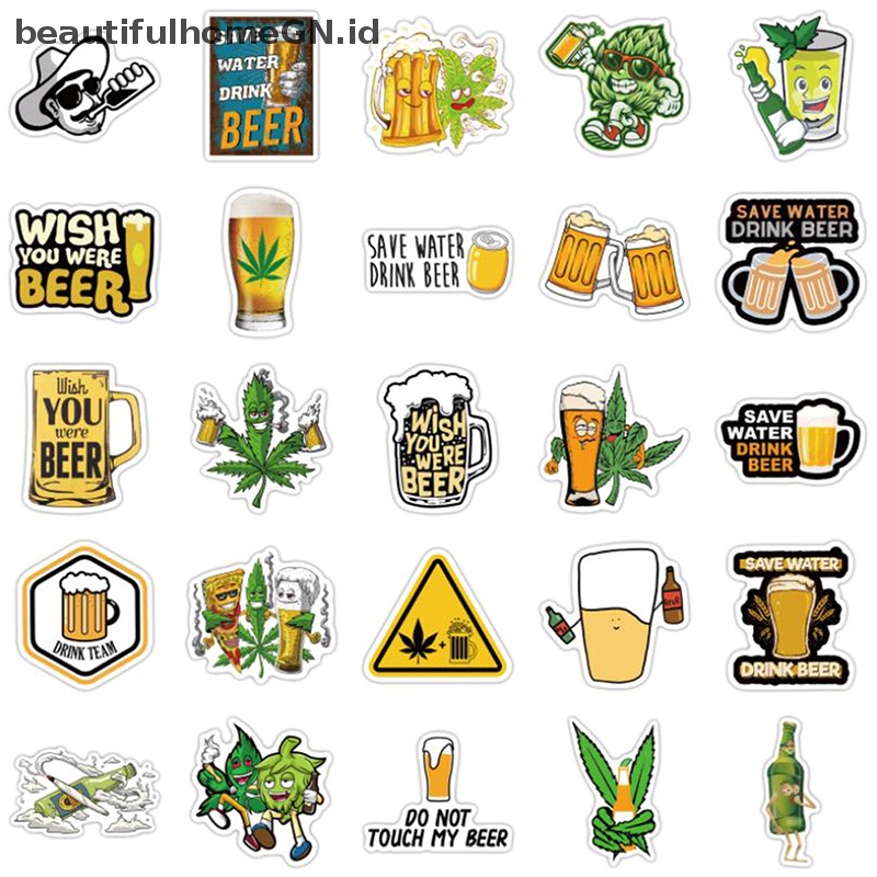 {Cantik} 50pcs Stiker Daun Bir Karakter Lucu Stiker Laptop Skateboard Gitar~