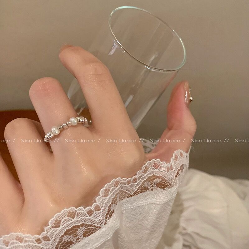 Cincin Perak Untuk Wanita Fahsion Elastis Blok Logam Mutiara Beads Rings Aksesoris Perhiasan