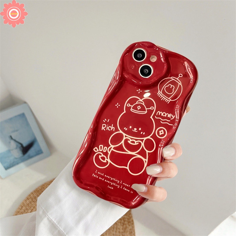 Case Kotak-Kotak Untuk Realme C53 C55 C20 C33 C25Y C3 6 5S 5i 5 7i C17 C11 2020 C15 C25s C35 C21Y C31 C21 C30 C25 C12 C11 2021 3D Wavy Curved Edge Cartoon Red New Year Rabbit Case