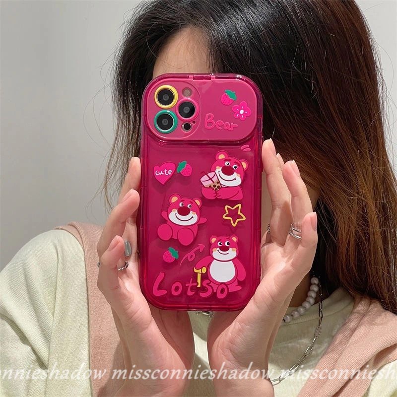 Kartun Strawberry Bear Lucu 3D Boneka Manyo Case Untuk OPPO A7 A9 A5 A15 A57 A5s A3s A31 A33 2020 A12 A53 A15s A12E A77 A77s A11K A11 A35 Lembut Kreatif Flip Make Up Cermin Penutup Belakang