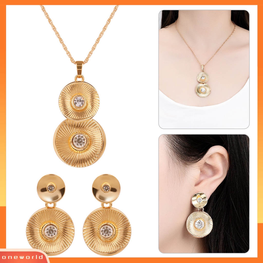 [ONE] 1set Set Perhiasan Geometris Retro Electroplating High Gloss Kristal Imitasi Dress Up Nikel-free Pengantin Pernikahan Kalung Anting Set Perhiasan Aksesori