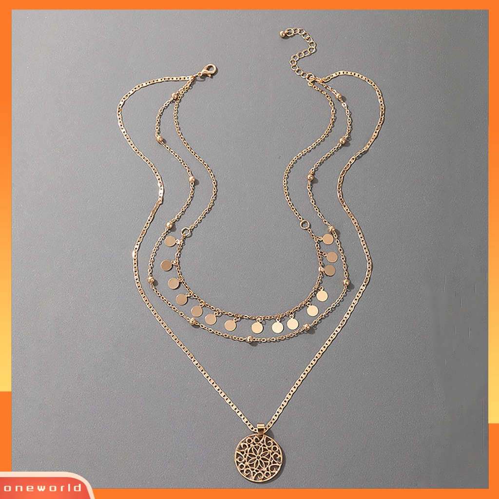 [ONE] Kalung Berongga Bulat Liontin Perhiasan Aksesoris Alloy Fashion 3lapis Choker Necklace Untuk Wanita
