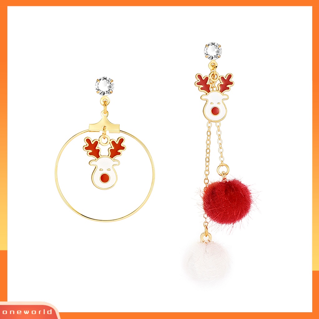[ONE] 1pasang Anting Pejantan Asimetris Berlian Imitasi Mengkilap Merah Putih Pompom Cincin Besar Hadiah Lucu Natal Elk Drop Earrings Perhiasan Fashion