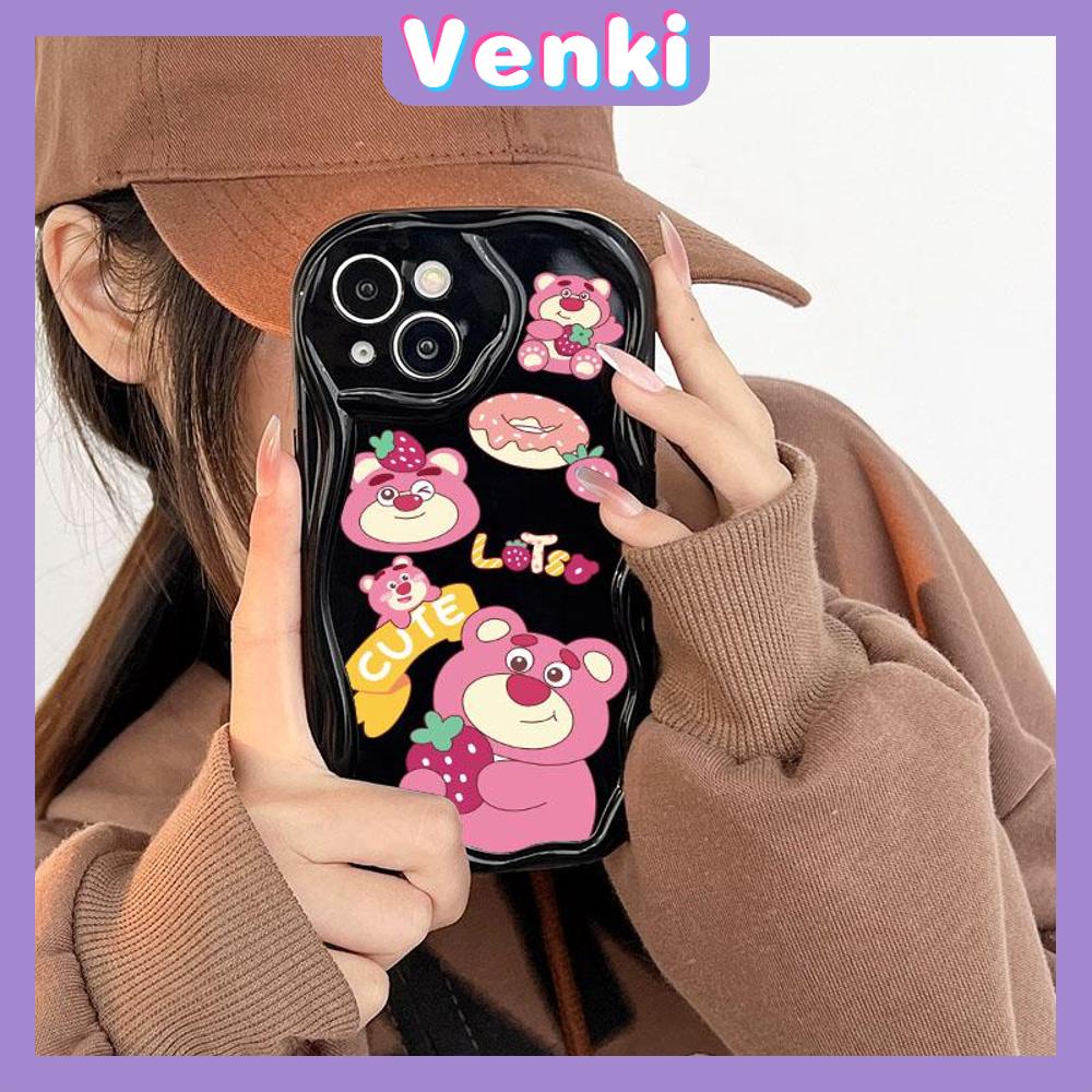 VENKI - Untuk iPhone 11 Case Curved Edge Wave Case Glossy Black TPU Airbag Shockproof Camera Case Cute Pink Bear Kompatibel dengan iPhone 14 13 Pro max 12 Pro Max xr xs 7Plus 8Plus