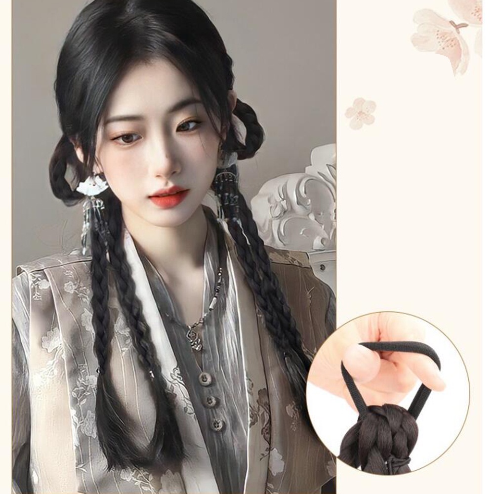 2pcs Ekstensi Rambut Kepang Ponytail Ganda Manis Dan Keren Dengan Telinga Kelinci Untuk Aksesoris Rambut Wanita 55cm