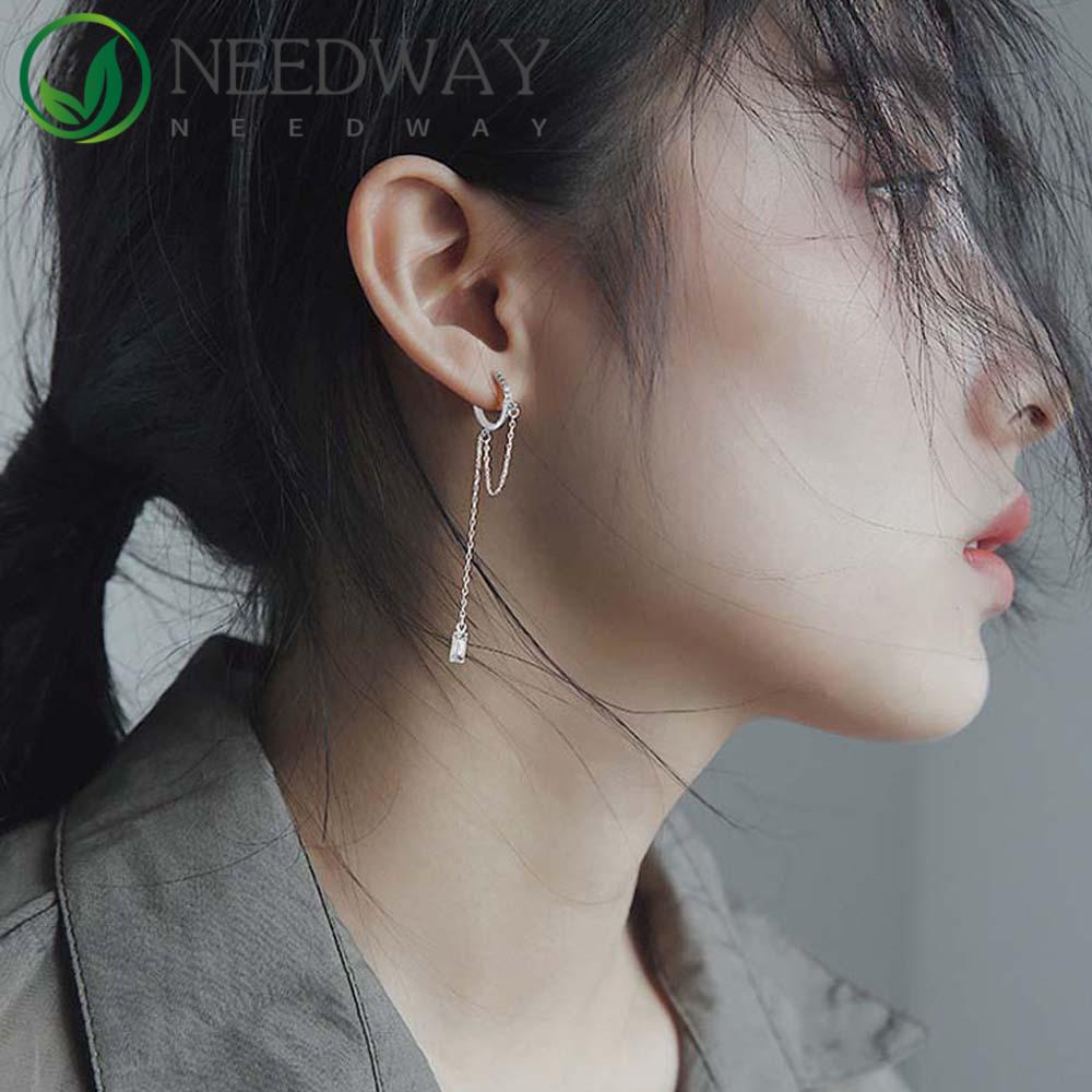 Needway   Anting Hoop Kepribadian Trendi Rumbai Panjang Berlian Lingkaran Geometris Perhiasan Fashion