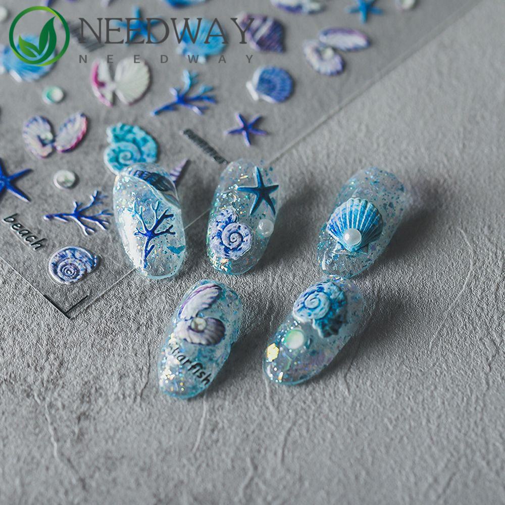 Needway   5D Ukir Stiker Kuku Cinta Kerang Tiga Dimensi Gelombang Laut Self Adhesive DIY Nail Art Dekorasi