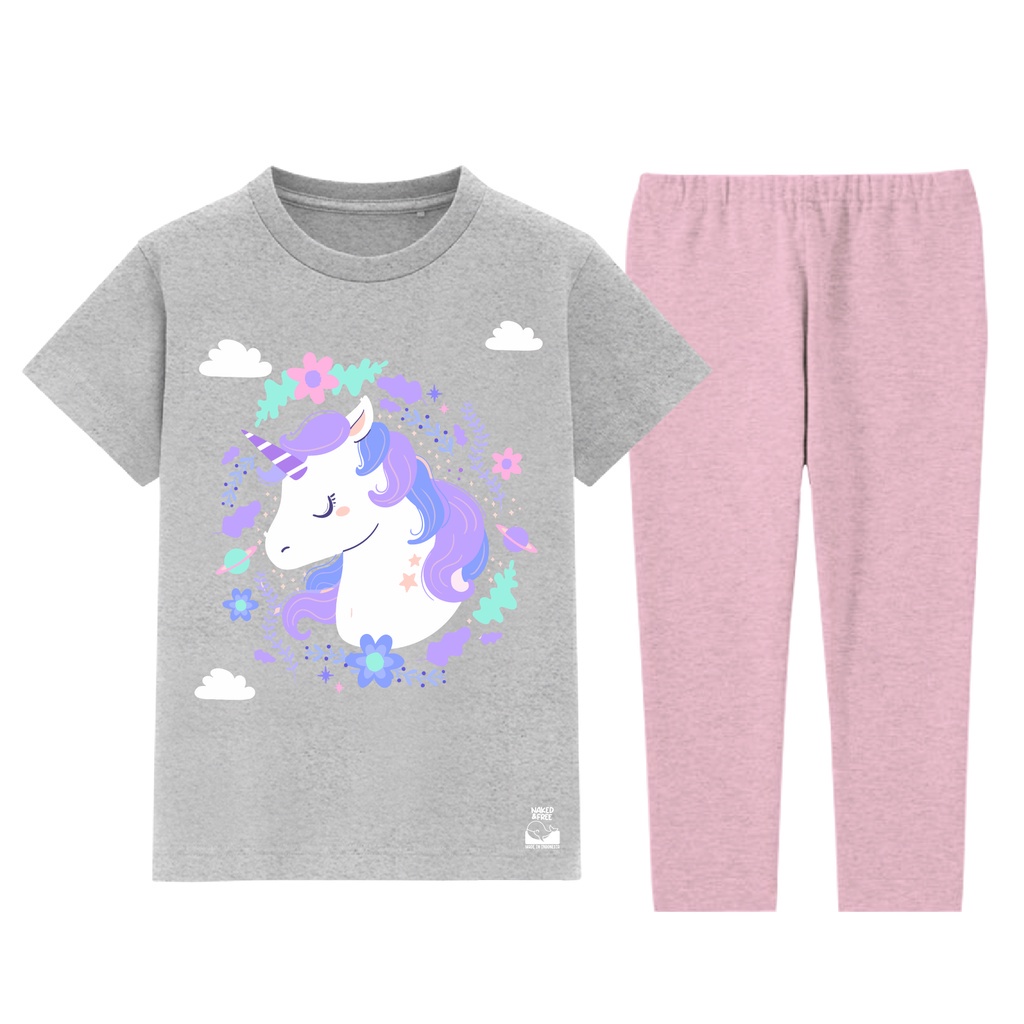 Piyama Pendek  Anak Perempuan Unicorn Purple Untuk 2 Sampai 8 Tahun Bahan Cotton Combed 30S