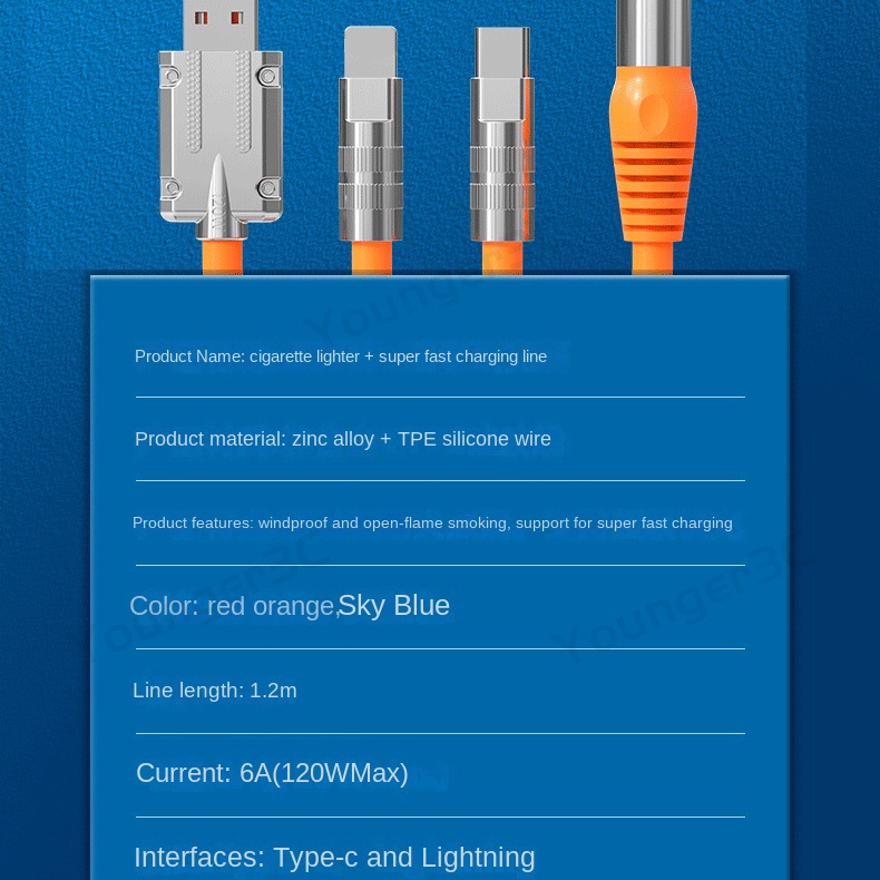 6a Kabel Data Korek Rokok Portabel 120W 3in1 Zinc Alloy Menebal Kabel Pengisian Silikon Korek Api Tahan Angin Cerdas Kabel Pengisian Super Cepat