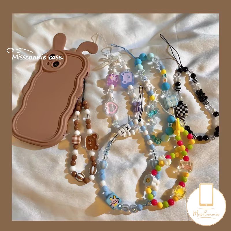 Ins Warna Fashion Rantai Telepon Universal Kartun Kelinci Lucu Beruang Smile Rantai Telepon Tali Strap Kpop Aksesoris Beragam Rantai Manik-Manik Gelang Huruf Kotak-Kotak Gantungan Kunci Lanyard