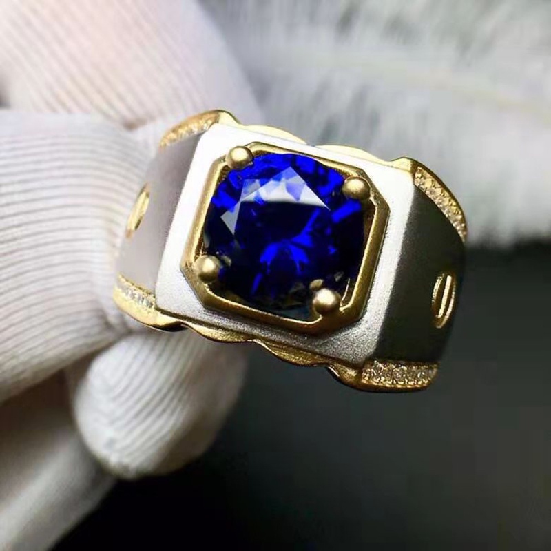 Mewah Perak Emas Pria Biru Zirkon Kristal Safir Cincin Titanium Fashion Perhiasan Pernikahan Cincin Aksesoris