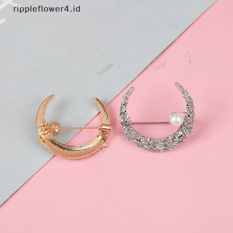 {rippleflower4.id} Mutiara Berlian Imitasi Bulan Bros Wanita Pernikahan Kantor Bros Pin Hadiah Aksesoris~