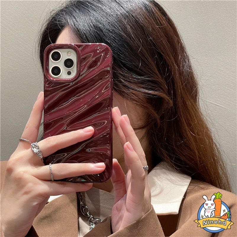 Casing iPhone Motif Gelombang Pleats Merah Anggur Mewah Kompatibel Untuk Iphone14 13 12 11 Pro Max X Xr Xs Max8 7 6 6s Plus SE 2020warna Solid Soft Case Tahan Debu Soft TPU Penutup Belakang