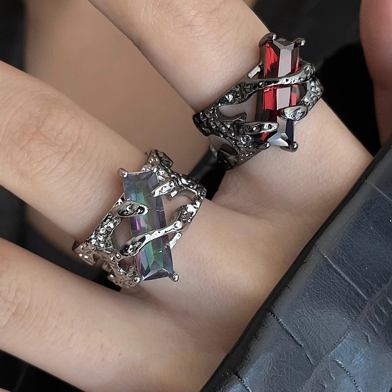 Punk Lava Cair Duri Pembukaan Cincin Yang Dapat Disesuaikan/ Wanita Retro Persegi Kristal Zirkon Jari Cincin/ Goth Berlubang-out Perhiasan Aksesoris