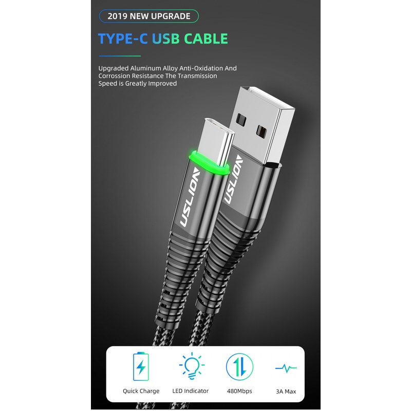 Kabel Tipe-c Dengan Lampu Hijau Untuk Typec Android 3.0A Fast Charging Phone Cable