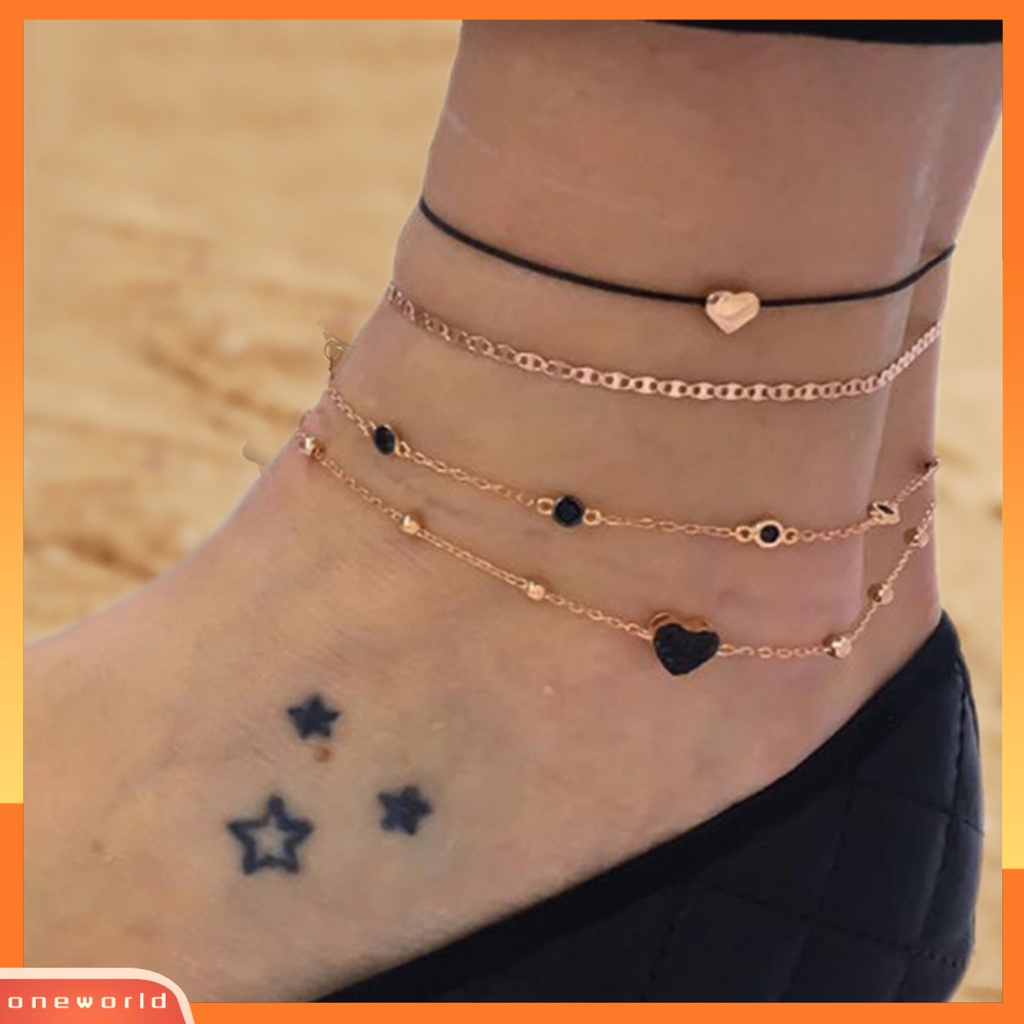 [WOD] 4pcs Wanita Gelang Kaki Multilayer Hati Alloy Vintage Adjustable Foot Bracelets Pakaian Pantai