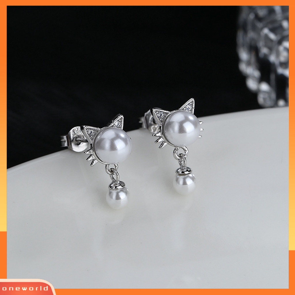 [WOD] 1pasang Anting Gantung Eye-catching Pengerjaan Halus Tahan Luntur Sentuhan Kulit Tahan Aus Dekorasi Manik Charms Anak Kucing Putih Menjuntai Anting Untuk Pacaran