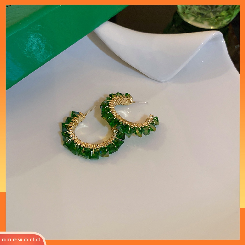 [WOD] 1pasang Anting Hoop Geometris Temperamen Hias Menarik All-match Perhiasan Hadiah C-shaped Emerald Green Kristal Imitasi Fashion   Anting Lingkaran Wanita Untuk Dipakai Sehari-Hari