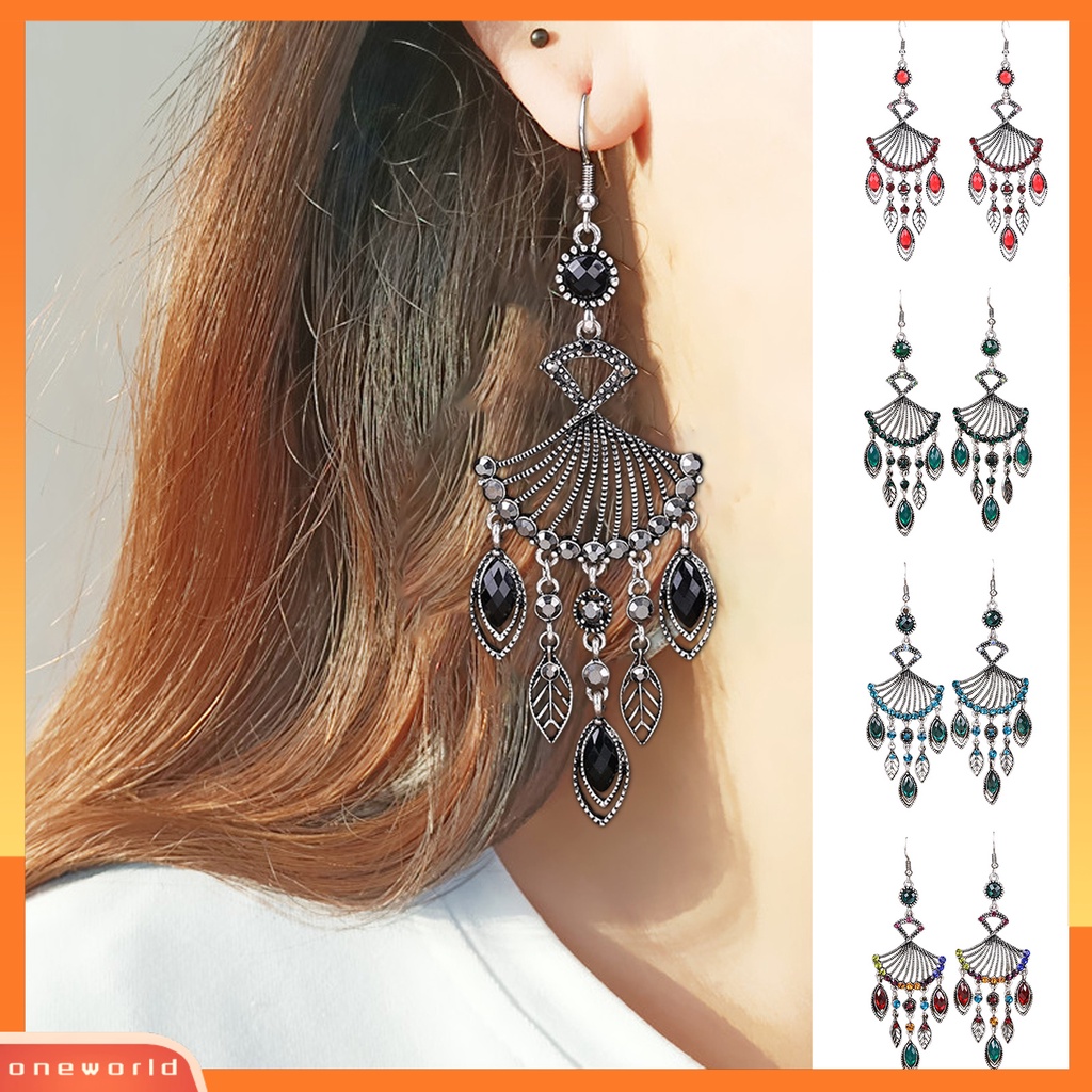 [WOD] 1pasang Anting Menjuntai Bohemian Retro Gaya Etnik Rumbai Panjang All-match Dekorasi Kristal Imitasi Wanita Berongga Berbentuk Kipas Drop Earrings Perhiasan Hadiah Untuk Pacaran