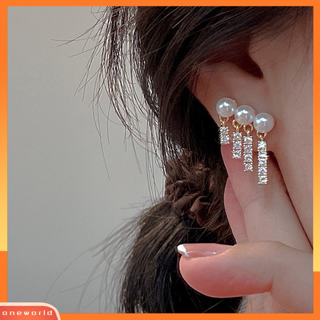 [WOD] 1pasang Ear Studs Elegan Mengkilap Berlian Imitasi Bertatahkan Berkilau Geometris Hias Hadiah Wanita Mutiara Imitasi Rumbai Menjuntai Stud Earrings Perhiasan Untuk Perjamuan