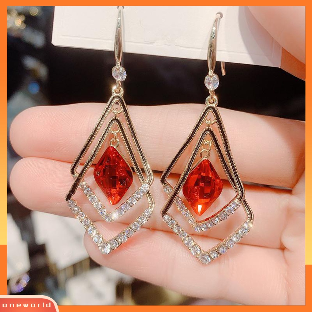 [WOD] 1pasang Anting Wanita Double Layer Belah Ketupat Berlian Imitasi Perhiasan Berkilau Electroplated Hook Earrings Untuk Perjamuan