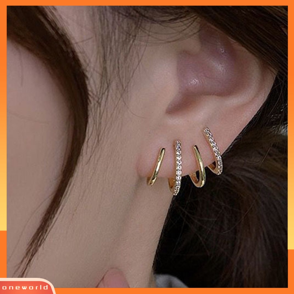 [WOD] 1pasang Anting Tusuk Bentuk U Empat Baris Perhiasan Fashion Penampilan Giwang Telinga Gaya Korea Untuk Pakaian Sehari-Hari