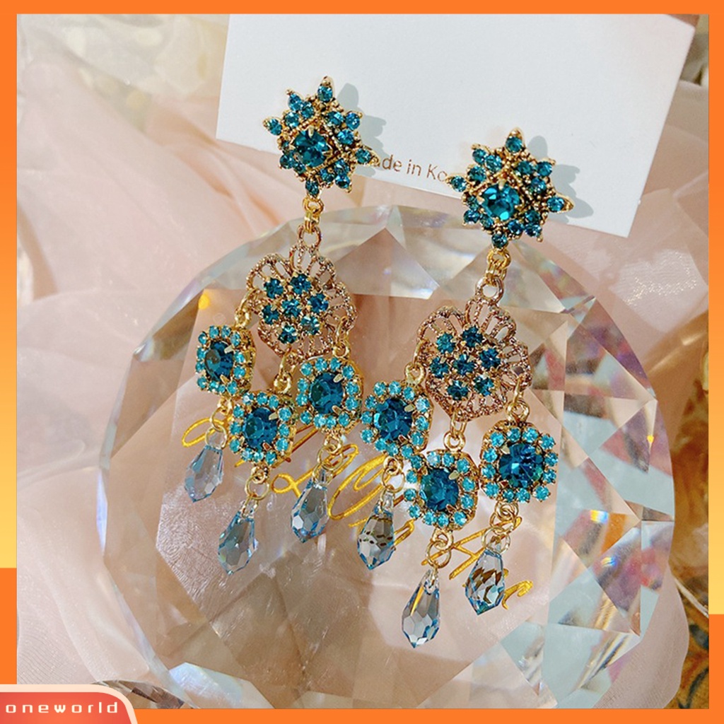 [WOD] 1pasang Anting Menjuntai Rumbai Kristal Imitasi Anting Drop Panjang Vintage Biru Untuk Pernikahan