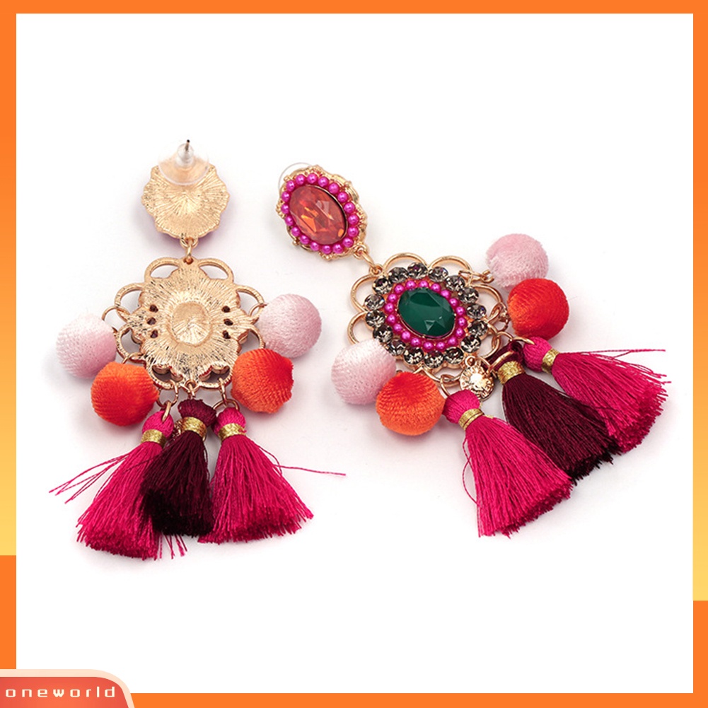 [WOD] Wanita Berlian Imitasi Bunga Pompom Rumbai Menjuntai Ear Stud Earrings Pernyataan Perhiasan