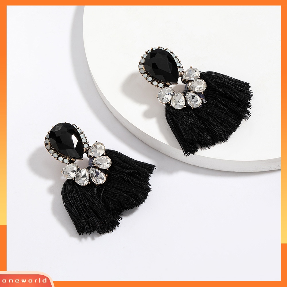 [WOD] Wanita Tetesan Air Berlebihan Berlian Imitasi Bentuk Kipas Rumbai Stud Earrings Jewelry