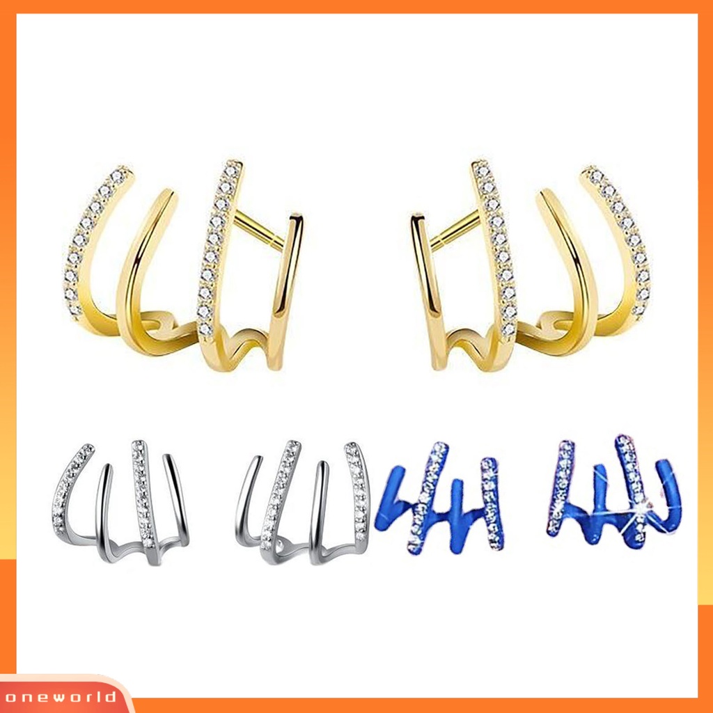 [WOD] 1pasang Berlian Imitasi Bersinar Ear Studs Pengerjaan Halus Kreatif Berbentuk U Empat Baris Wanita Anting Perhiasan Aksesoris